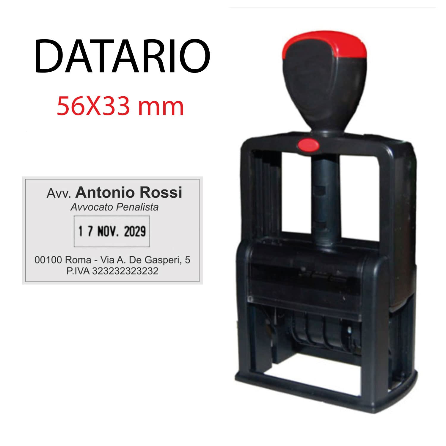 GFD - Timbro Personalizzabile Auto Inchiostrante - Misura: 56x 33mm - 4 righe - Include Datario - Colore dell'inchiostro a scelta - Testo personalizzabile - Made in Italy