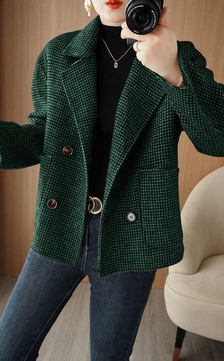 utcoco Womens Cropped Wool Coats Houndstooth Double Breasted Short Wool Pea Coat Cropped Blazer Jackets with Pocket