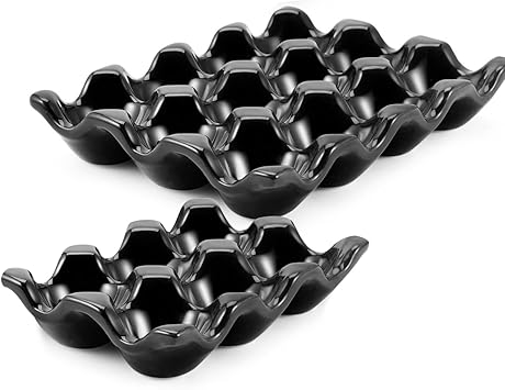 Flexzion 12 + 6 Cups Ceramic Egg Holder for Fridge - 18 Porcelain Egg Tray Container Keeper Storage Organizer Decorative Serving Stand Serveware for Refrigerator Countertop Display Kitchen Black