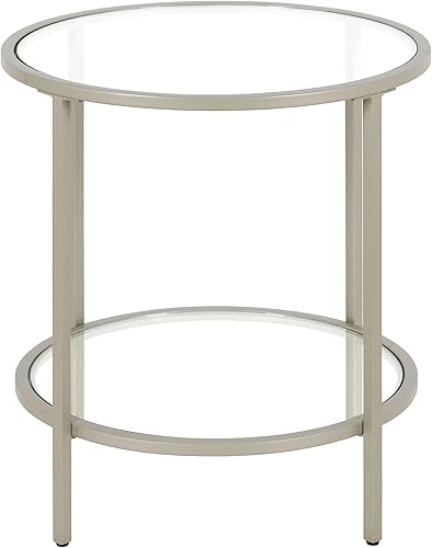 Miniatura 3 de Henn&Hart Mesa auxiliar redonda de 20 pulgadas de ancho con estante de vidrio en níquel satinado, mesa para sala de estar, dormitorio