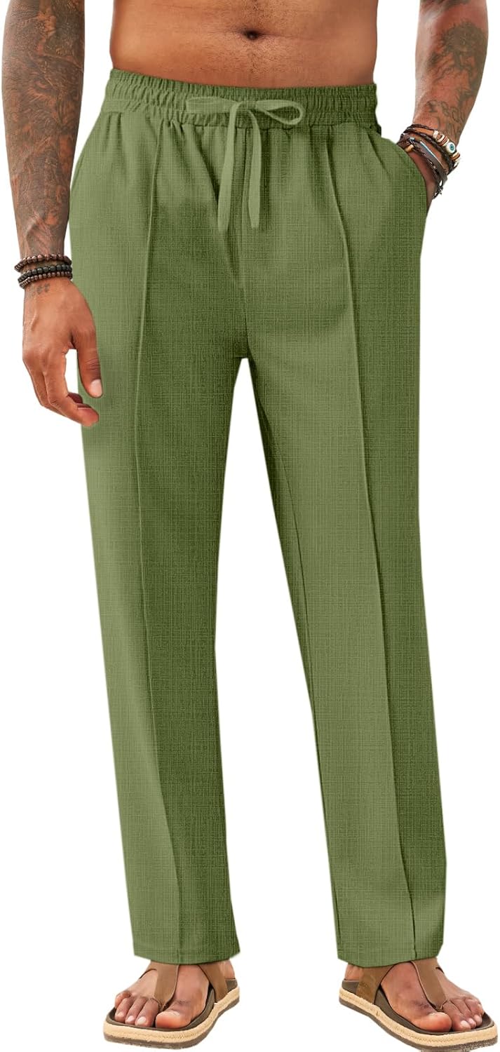 Makkrom Mens Casual Pants Elastic Waist Drawstring Lightweight Summer Loose Beach Straight Leg Pants with Pockets