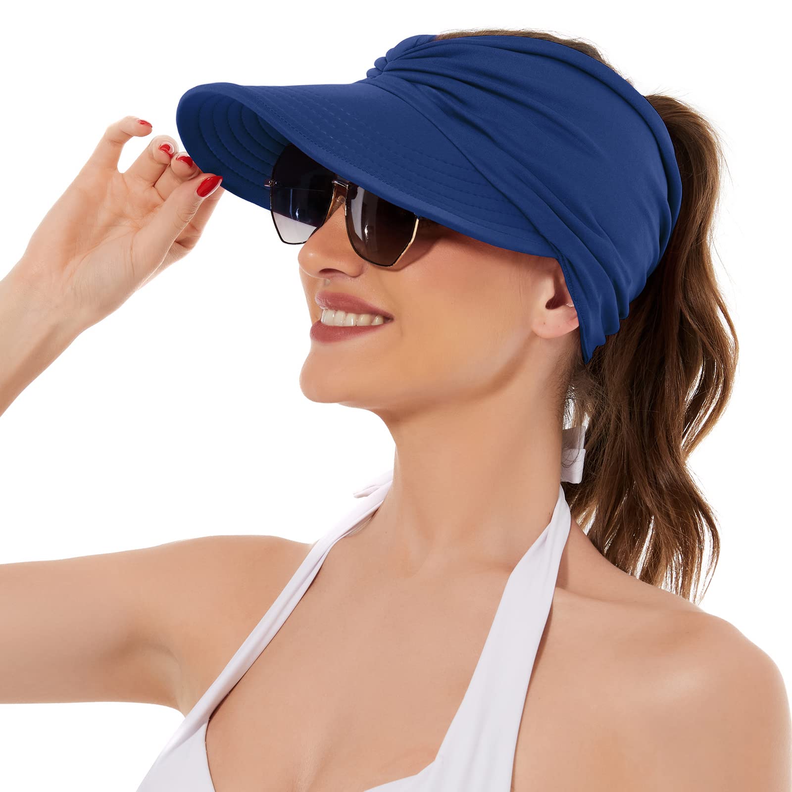 Sombreros de sol para mujer con protección UV, visera de ala ancha, sombreros de verano con cola de caballo, marino, One Size, marino, talla única