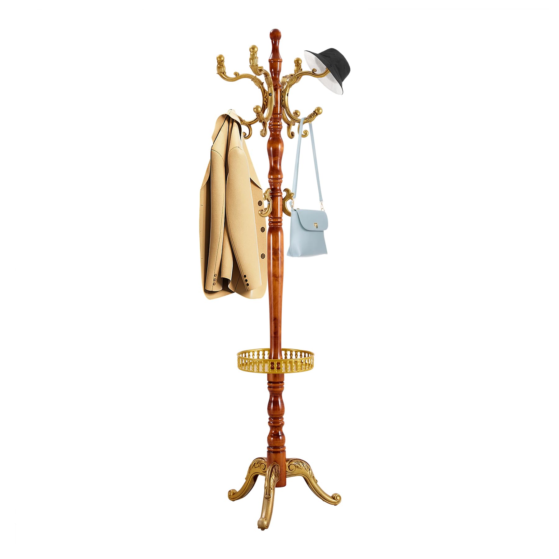 Solid Wood Coat Rack Freestanding, 77" Adjustable Hall Tree Hanger With Hooks, Coat Hanger Stand for Hanging Clothes Bags Hats in Living Room Bedroom