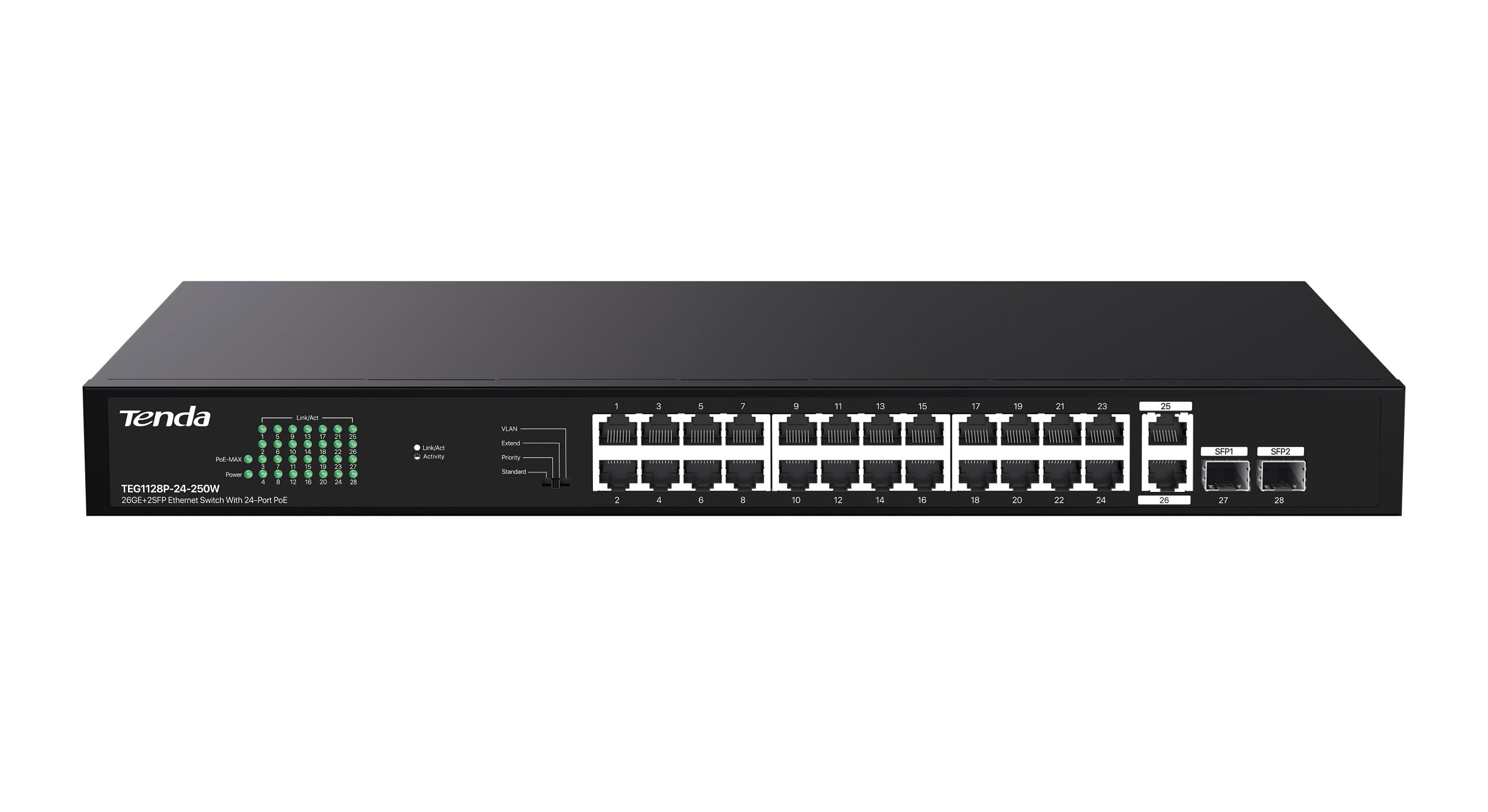 Tenda TEG1128P 26GE+2SFP Ethernet Switch with 24-Port PoE-250W, Compatible with IEEE 802.3af/at Devices, with Two gigabit uplink Port and Two gigabit uplink Optical Fiber Port-image-8