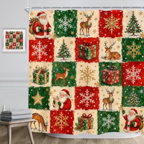 Image of Merry Christmas Shower Curtain Green Red Santa Deer Plaid Bathroom Decor
