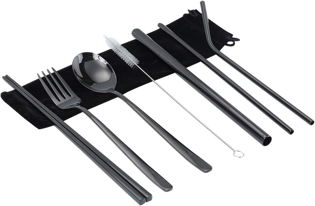 Portable Cutlery Set Travel Camping Home Office Tableware Bulk with Reusable Stainless Steel Cutlery Set Including Cutlery Spoon Straw Chopsticks Cleaning Brush Eco-friendly (black)