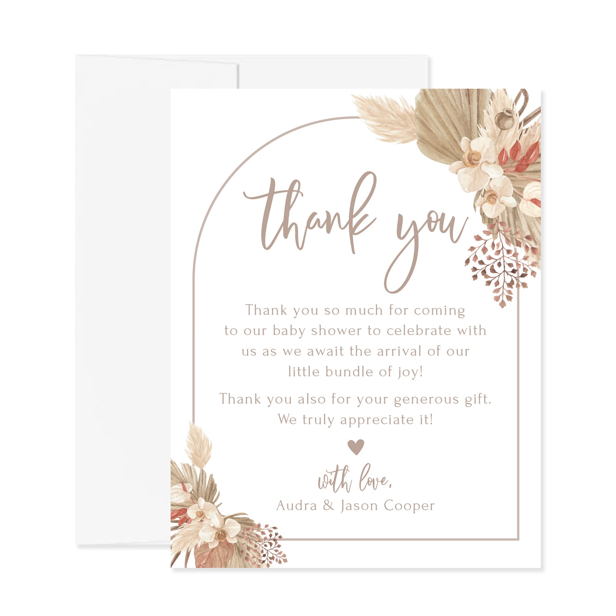 Hello Love Goods Boho Arch Pampas Grass Baby Shower Thank You Cards with Names and Message, 4.25x5.5 Personalized FLAT Thank You Cards, Envelopes