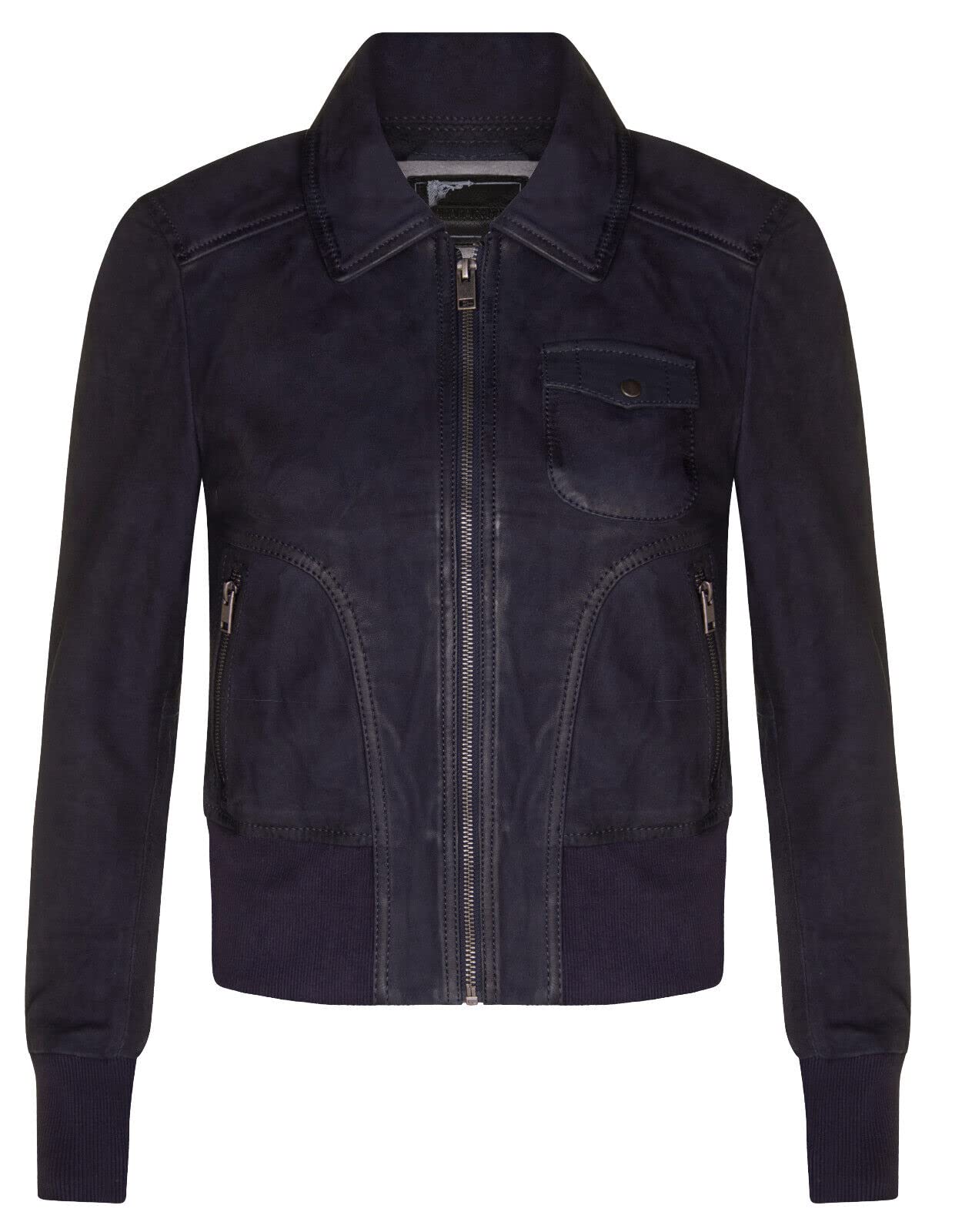 Infinity Leather Women's Navy Leather Ma-1 Varsity Jacket-Ann Arbor In | Size: 14
