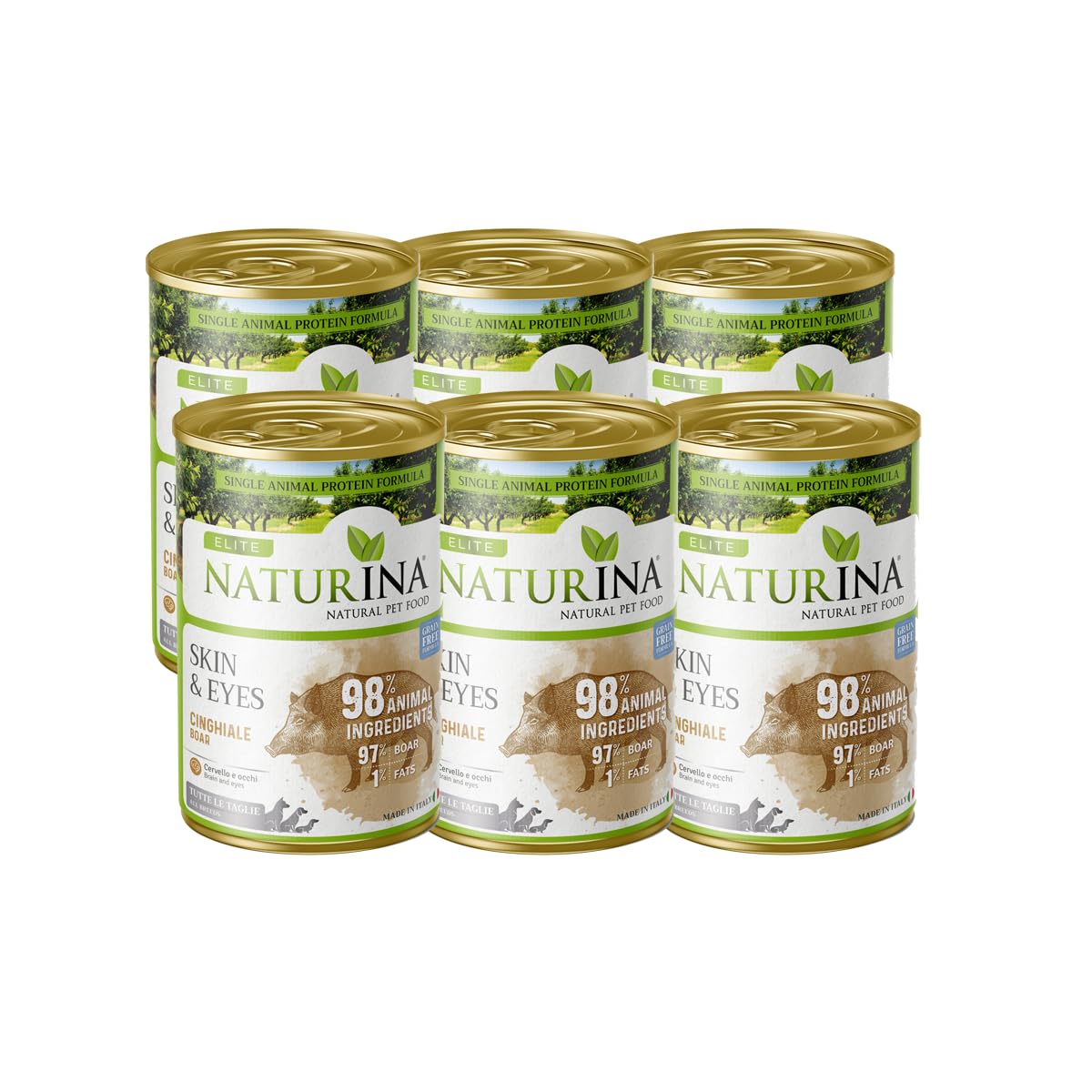 NATURINA - Elite Umido Skin&Eyes per Cani Adulti Cinghiale con Mirtilli Rossi e Ribes, Senza Grano, per Pelo Brillante e Benessere degli Occhi, per Tutte le Taglie, Made in Italy, 6 Lattine da 400g