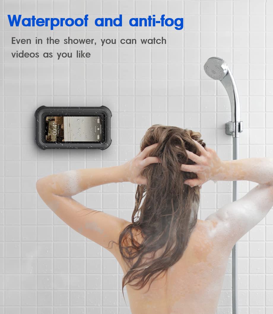 Mistriddle Waterproof Shower Phone Holder with 360° Rotation, Angle Adjustable, Wall Mounted Phone Holder for Bathroom Mirror Bathtub Kitchen, Up to 6.8 Inch (Black): Black Up to 6.8 Inch
