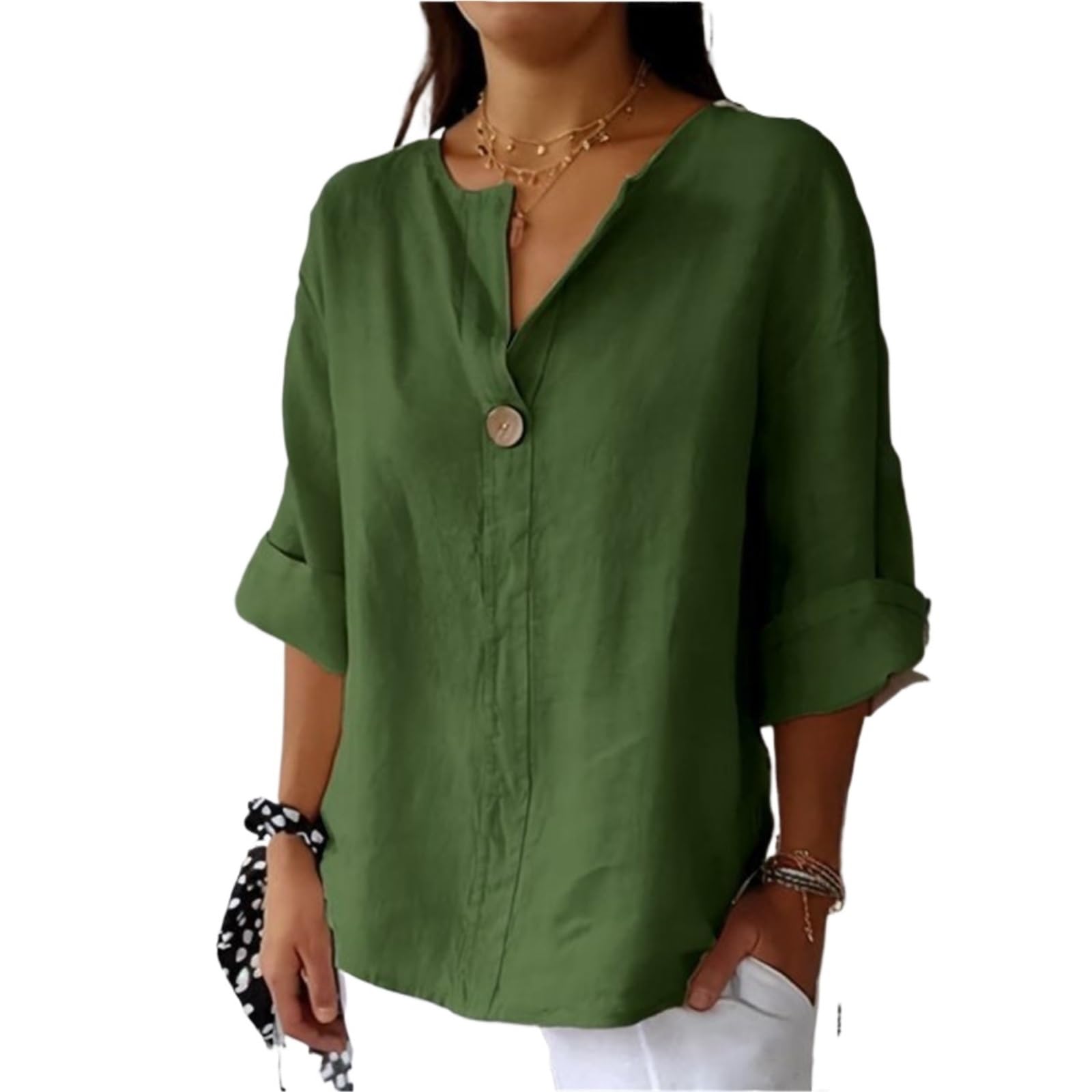 Copricostume Donna Camicie Da Donna Camicette Magliette Con Scollo A V | Pullover ampio in lino casual con maniche a 3/4(Green,L)