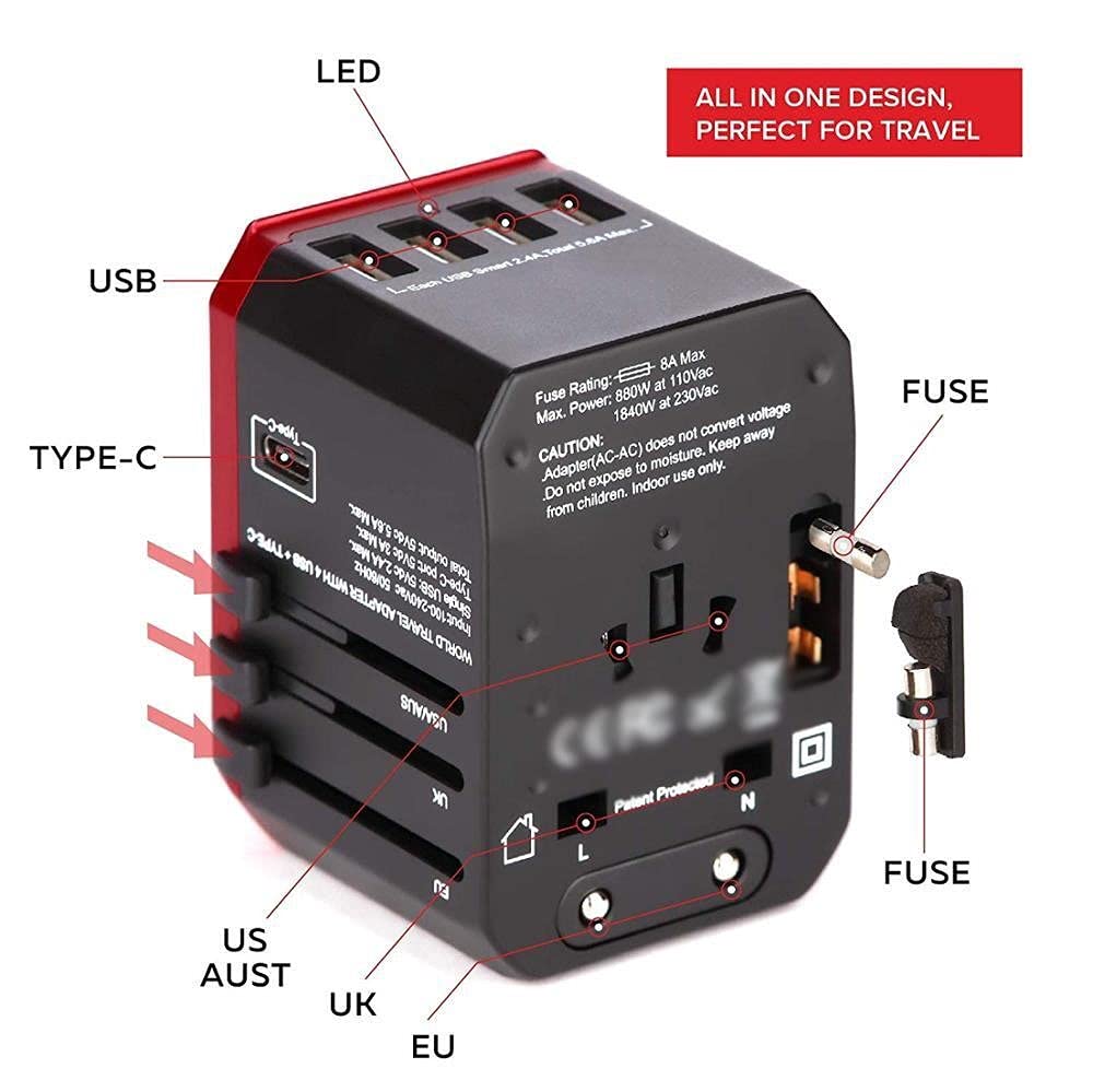 Adattatore di alimentazione universale in tutto il Adattatore di viaggio Adattatore universale internazionale All-in-one con 5 USB Caricabatteria da muro in tutto il mondo per UK / EU / STATI UNITI /
