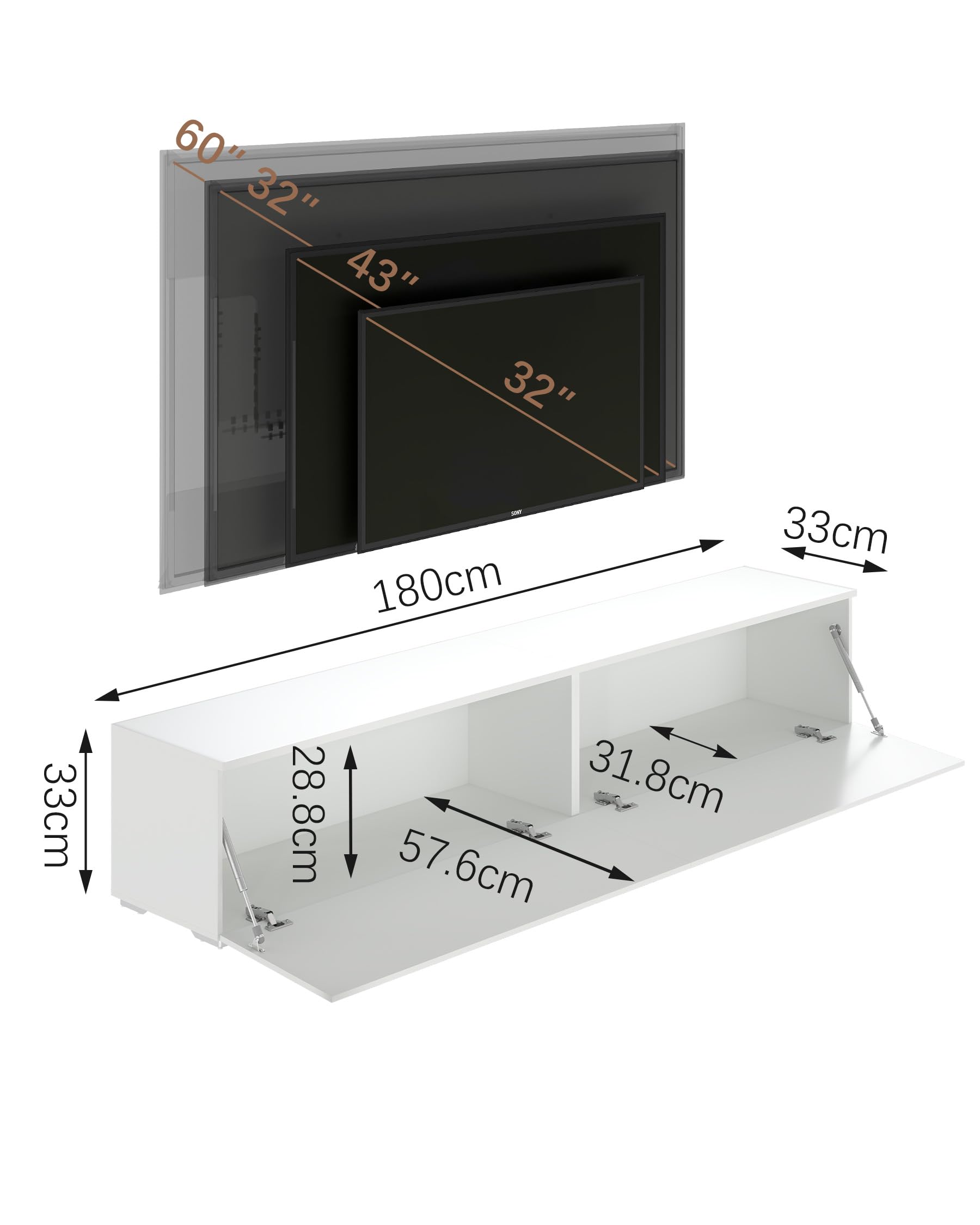 Hitsuki Mueble TV Suspendido Blanco 180 cm Moderno para Salón Grande | 2 cajones y amplio almacenaje, montaje en pared o sobre el suelo; ideal como mesa de televisión y mueble bajo para salón