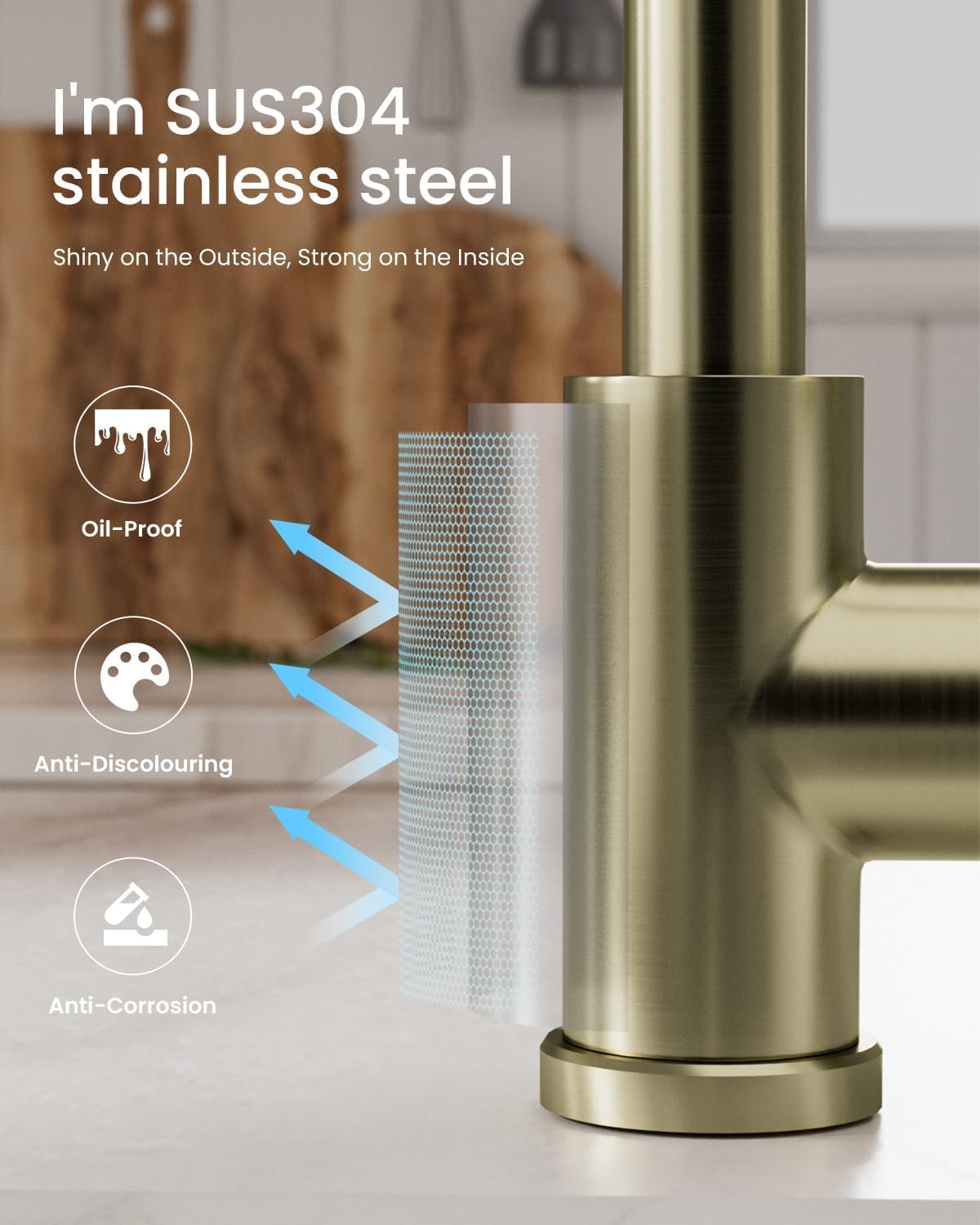 APPASO Grifo de cocina dorado, grifo de cocina dorado cepillado con pulverizador extraíble y dispensador de jabón, grifo de fregadero de cocina comercial, acero inoxidable dorado