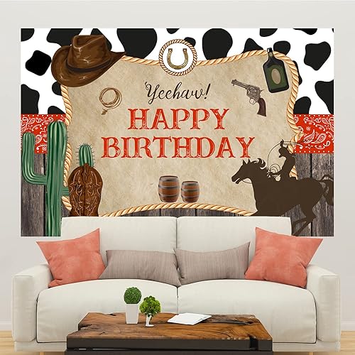 Miniatura 4 de Fondo de vaquero de feliz cumpleaños, bandana roja occidental y botas de madera rústica, sombrero de fotografía temática de rodeo para niños, fondo