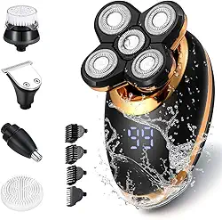 Barbeador de cabeça elétrico masculino 5 em 1 para homens carecas - Barbeador de cabeça para homens - Anti-beliscar - Design ergonômico - Sem fio e recarregável. (ouro)