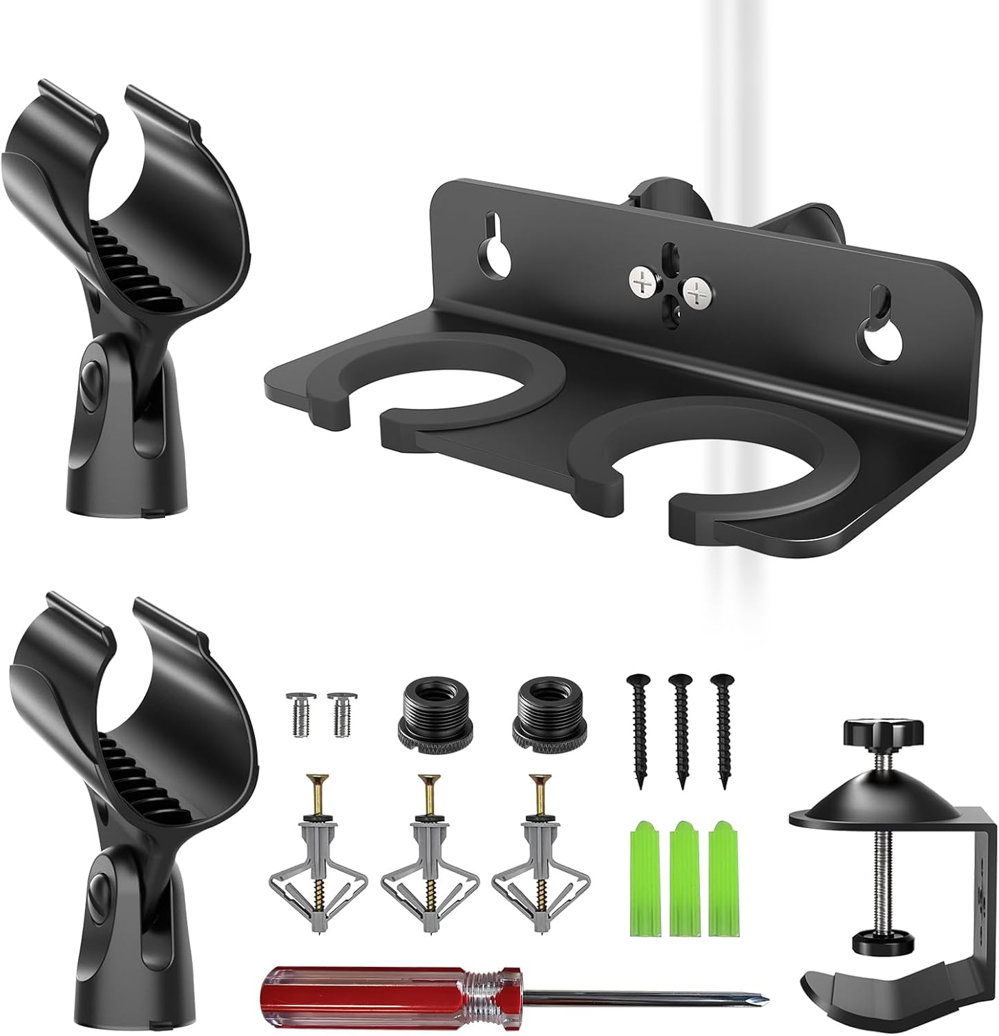 Double Multi Microphone Holder for Mic Stand Up to 2 Mic Storage (Aluminum/Rubber）for Clamp On Most Mic Stands, Stage, Live Streaming, Concert Performance, Karaoke