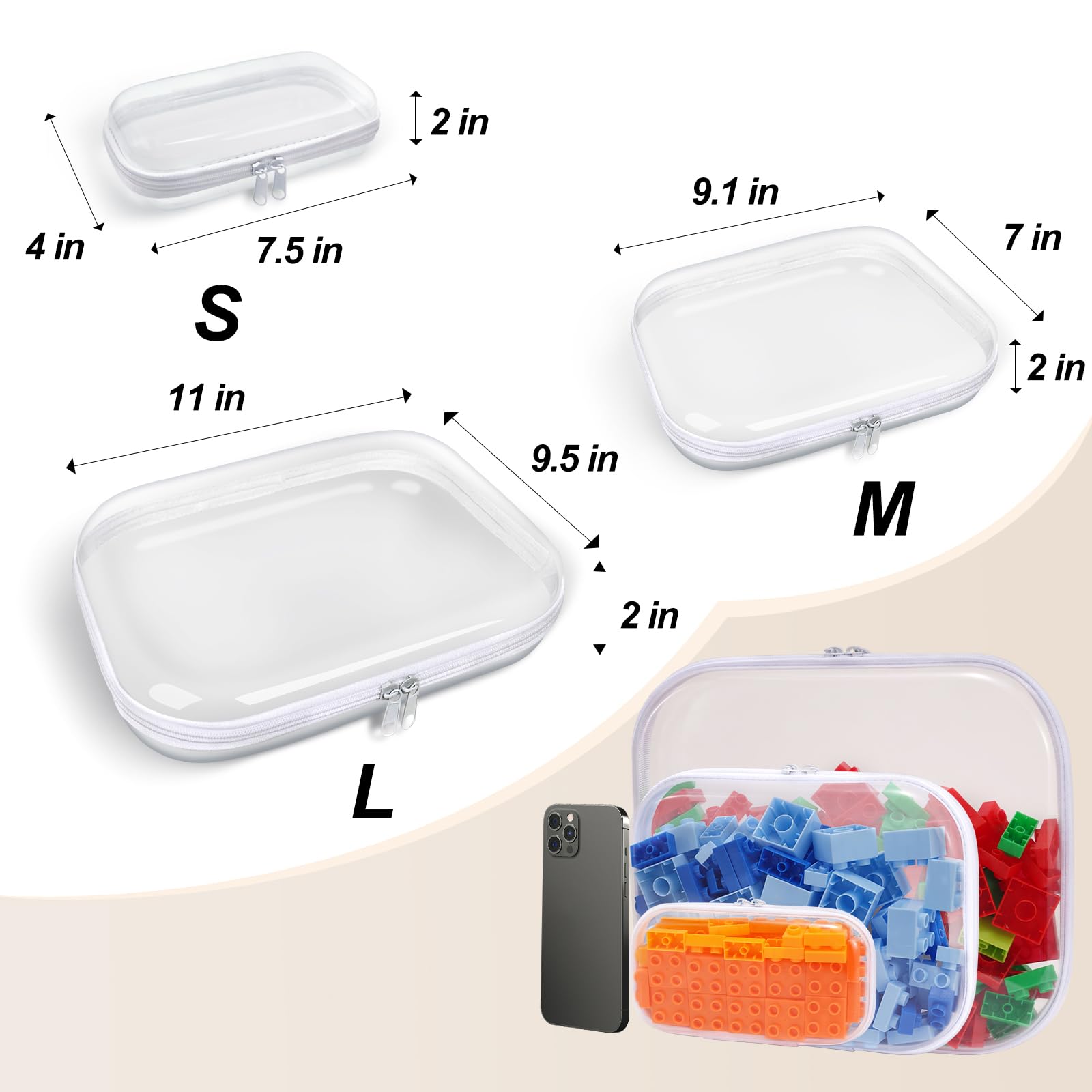3-częściowy zestaw przezroczystych, sztywnych plastikowych etui na zamek błyskawiczny, z podwójnym zamkiem błyskawicznym, z 3 częściami, trwała torba na kosmetyki do makijażu i makijażu, z