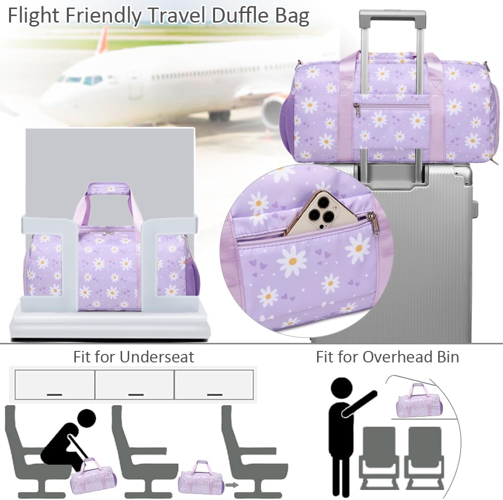 Dance Duffel Bag for Girls Daisy Ballet Bag for Girls Water Resistant Sports Gym Bag Overnight Sleepover Bags with Shoes Compartment Wet Pocket - Image 5