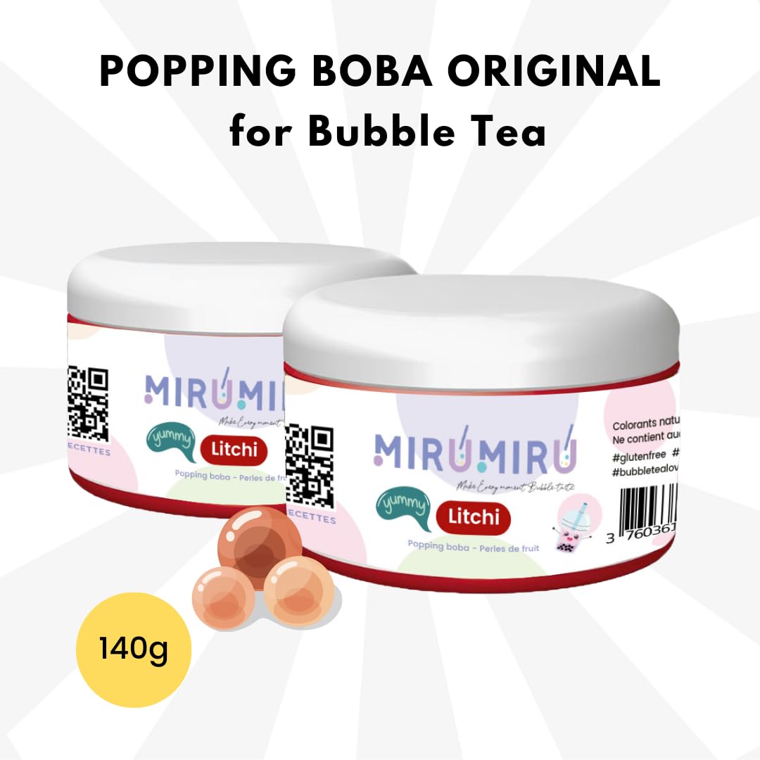 MiruMiru - POPPING BOBA ORIGINAL pour Bubble tea - Litchi - 140g - sans colorants artificiels, moins de sucre, 100% VÉGÉTALIEN et SANS GLUTEN