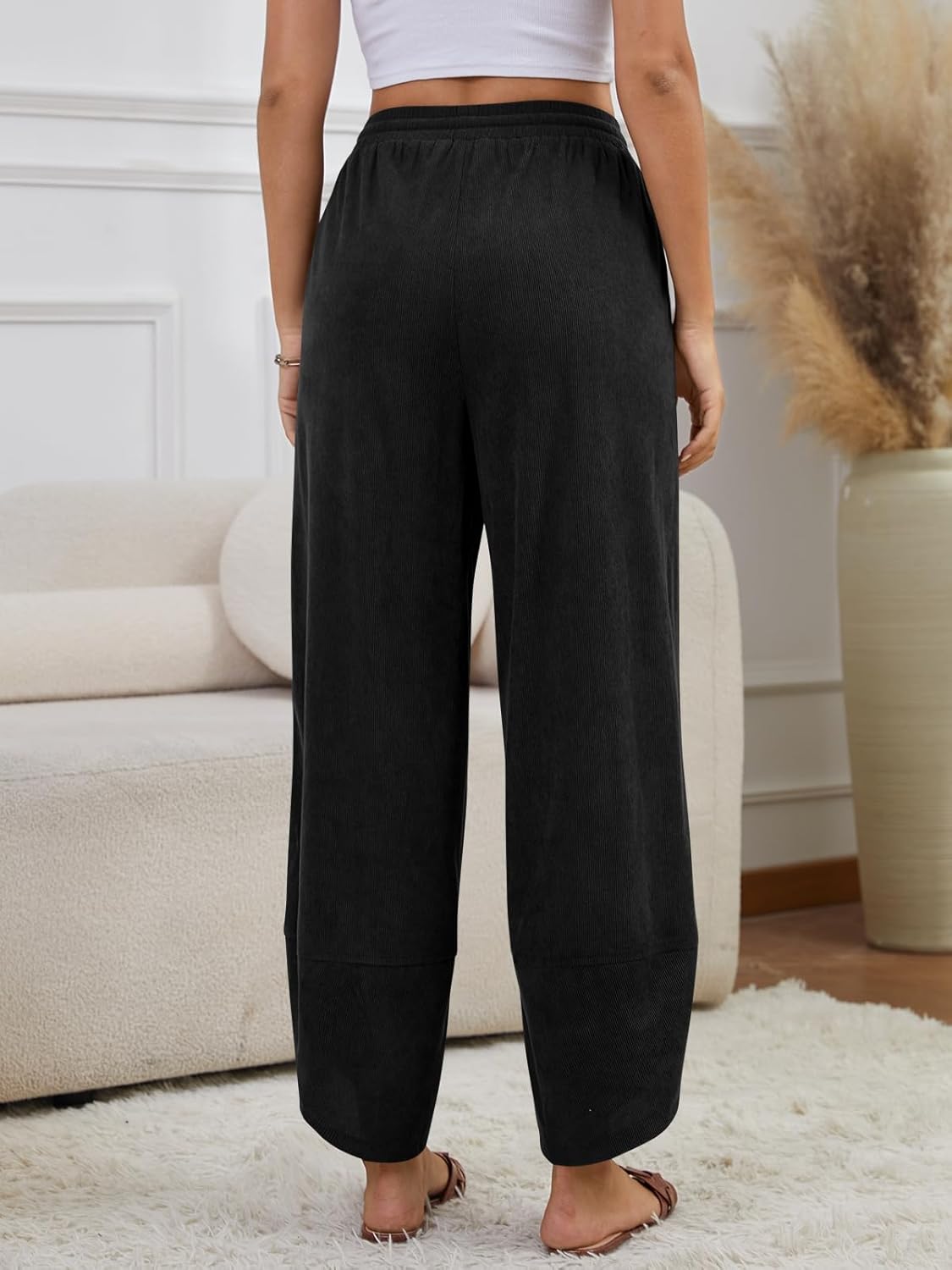 Womens Corduroy Pants Casual Wide Leg Pants Harem Pants Baggy Trousers Drawstring Elastic with Pockets - Image 4