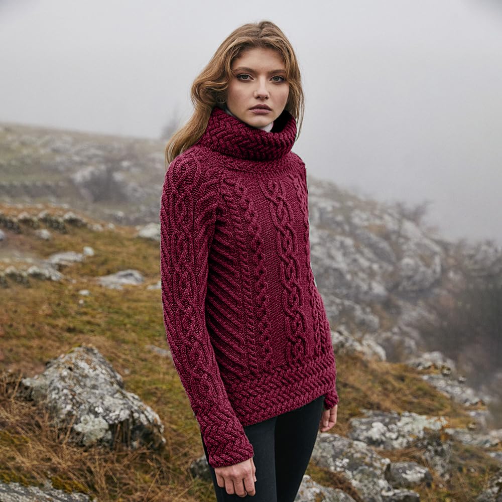 SAOL 100% Merinowolle Fisherman Trichterhals Irisch Aran Pullover für Damen