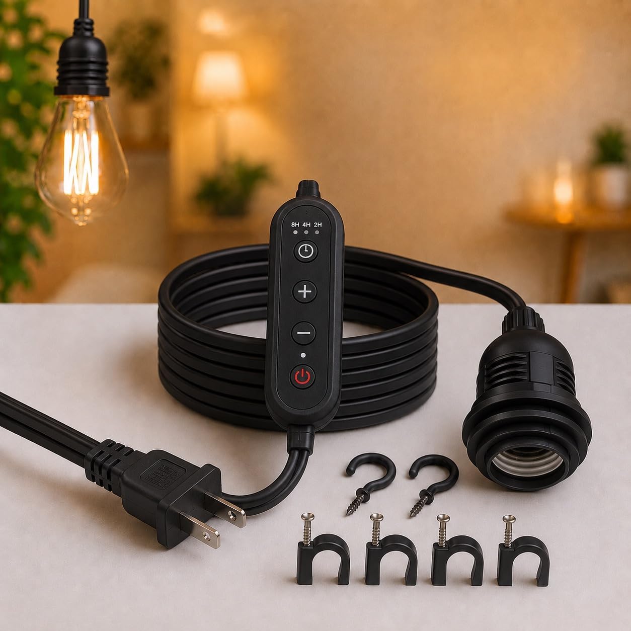 Pendant Light Cord with E26/E27 Socket, 15FT Extension Cable, Dimming, 2/4/8H Timer, On/Off Switch, Lampshade Holder – Hanging Light Kit for DIY Pendant Dimming Lamp, Plug in Pendant Lighting (Black)