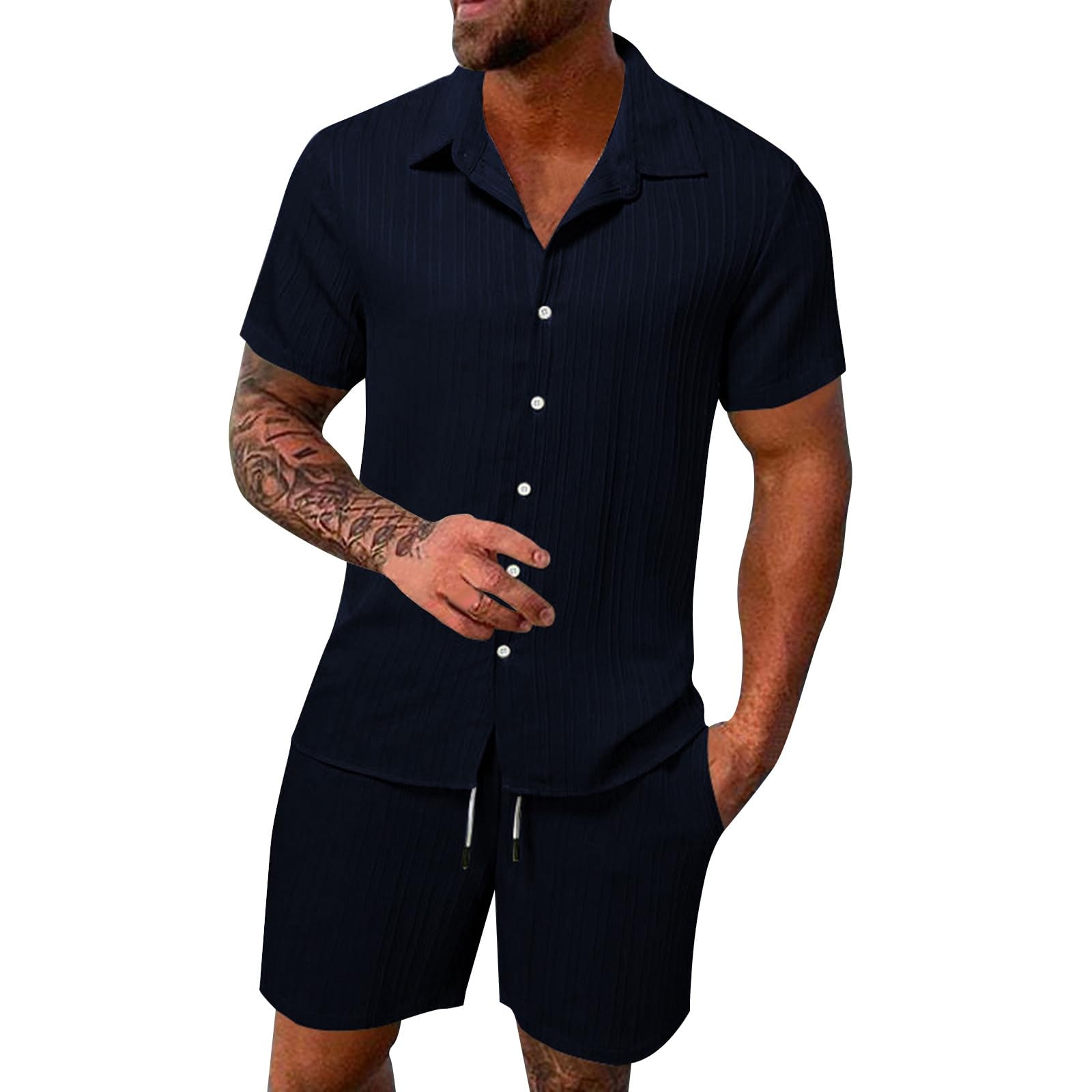 Sommer Outfit Herren Kurze Hosen und Hawaii Hemd Baggy Freizeitanzug Kurzarm Freizeithemd und Shorts 2 Teiler Leinenhose Strandhemd für Männer Casual Sommer Anzug Herren Zweiteiliges Set