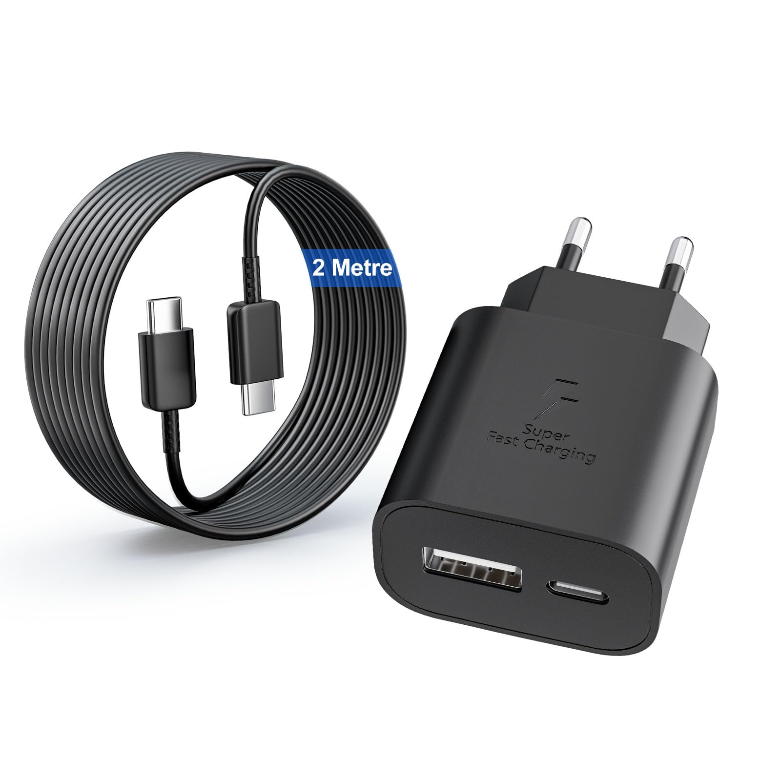 25W Caricatore USB C Caricabatterie per Samsung Galaxy S25 S24 S23 S22 S21S20 Ultra S10/Note20/A56 A55 A54 A36 A35 A34 A26 A25 A16 A05s, 2-Porto PD e QC3.0 Presa Carica Alimentatore con 2M Cavo