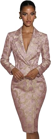 Jacquard Blazer Dress for Women V Neck Bodycon Satin Midi Jacket Dresses
