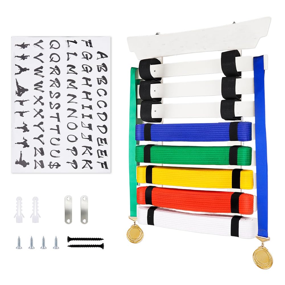 DICOSMETIC Support de ceinture de taekwondo pour 8 ceintures de karaté avec autocollants pour arts martiaux pour les apprenants de taekwondo, karaté, jiu jitsu, BJJ