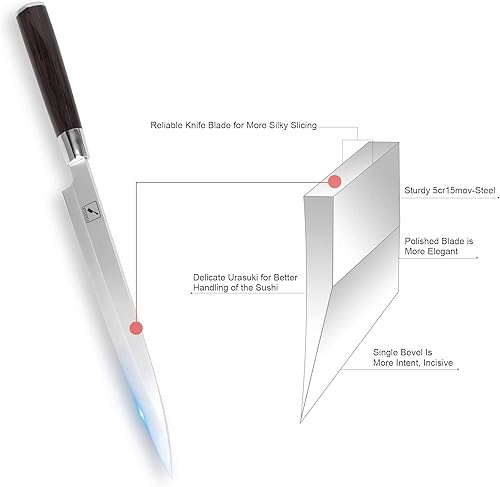 Miniatura 2 de imarku Cuchillo Sashimi, cuchillo de sushi de 10 pulgadas, cuchillo profesional Yanagiba, bisel único para cuchillo japonés, cuchillo de cocina con