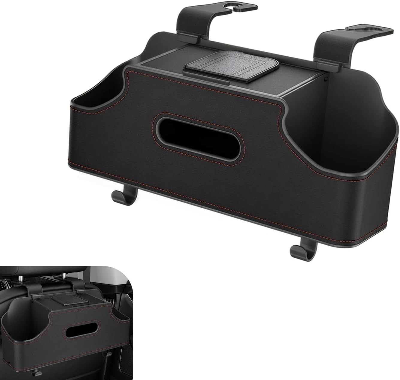 Car Organizer and Storage Box, 3 in 1 Multi-functional Storage with Cup Holder & Tissue Box & Phone Holder, Large Capacity Hanging Organizer, Interior Part for Cars Trucks SUVs (Black)