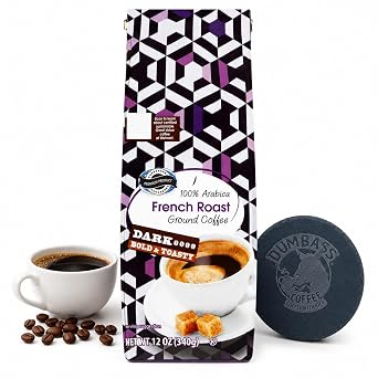 French Roast Ground Coffee, Dark Roast Coffee, 100% Arabica, 12 oz Bag, Bold Full-Bodied Coffee for Hot or Iced Brewing with Dumbass Coffee Coaster French Roast Coaster