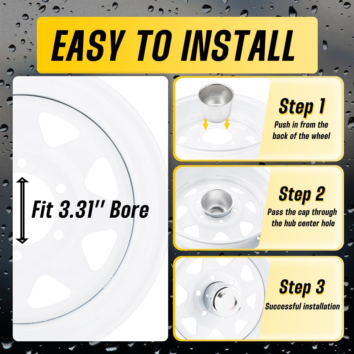 2Pcs 3.31" Push Through Wheel Center Caps Stainless Trailer Hub Cap for Truck SUV RV Wheel Rim (Fit 3.31" Bore 2.34" H Chrome)