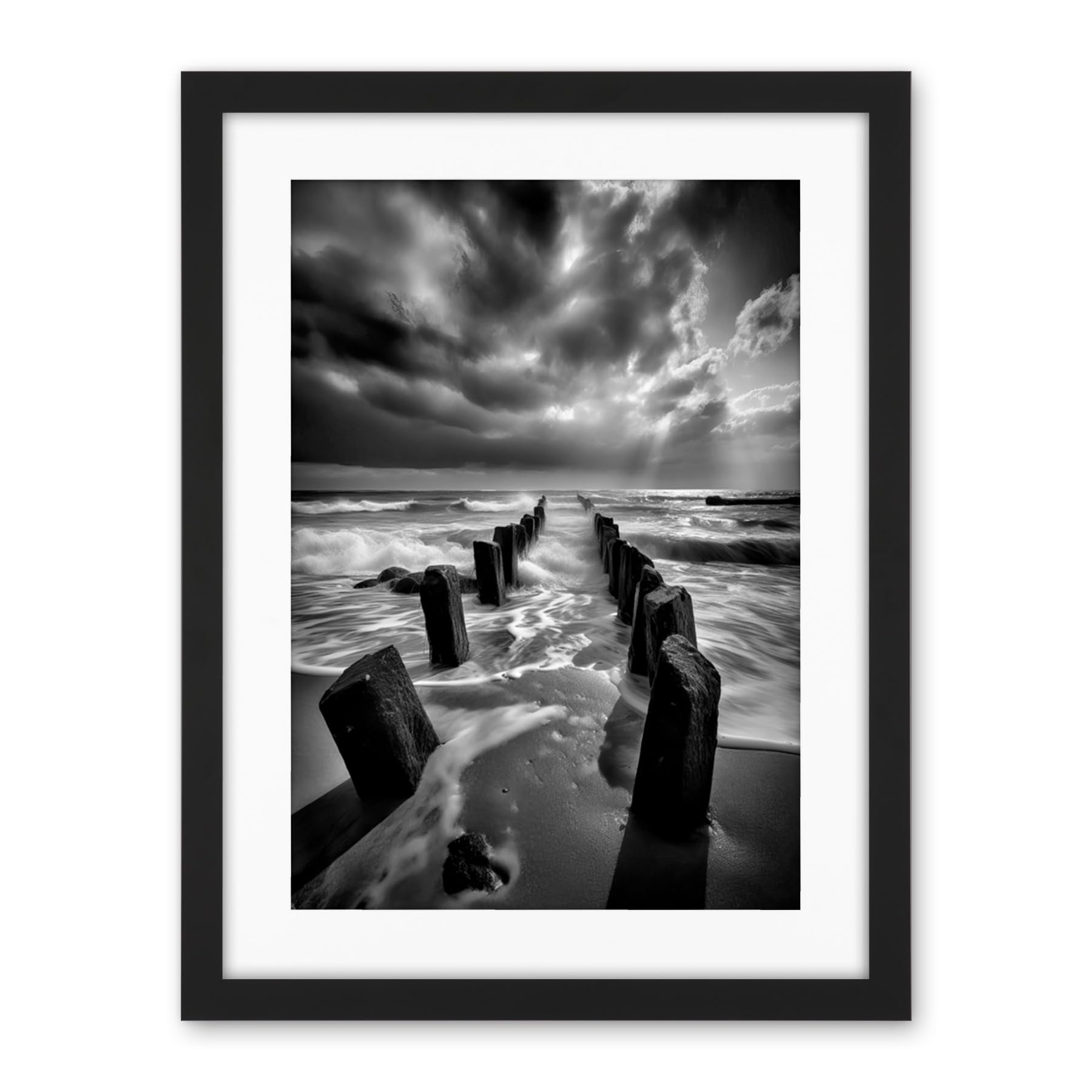 Artery8 Pier Ruins Black and White Dramatic Coastal Photo Artwork Framed Wall Art Print 18X24 Inch