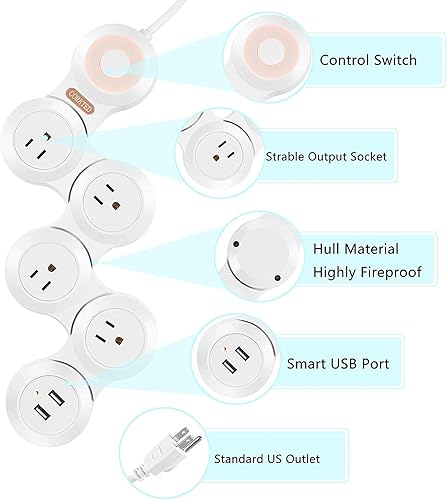 Miniatura 2 de CORATED Regleta de protección contra sobretensiones flexible con 2 puertos USB y 4 tomacorrientes para el hogar, la oficina y los viajes (cable de 9
