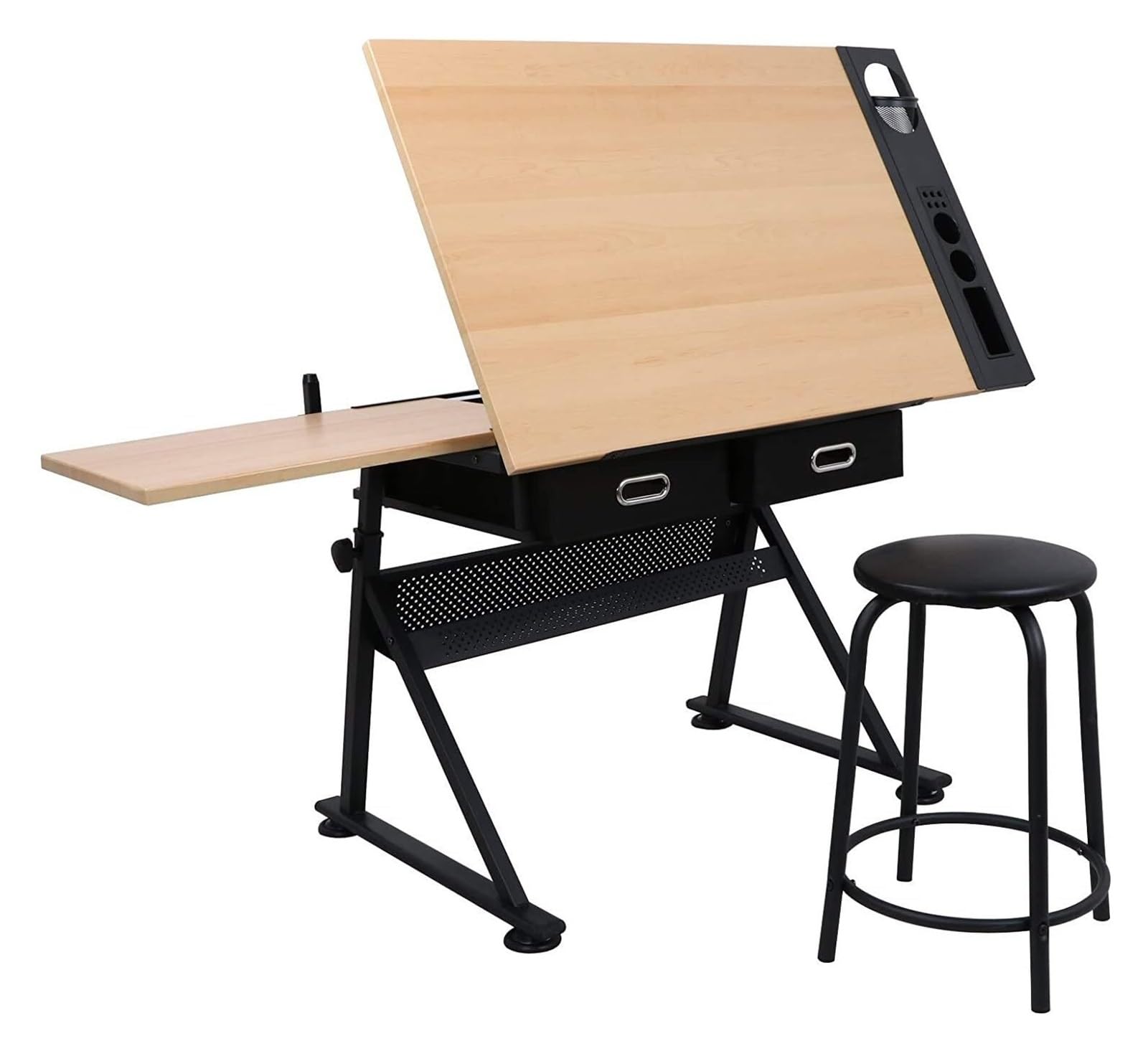 Zeichentisch, Kippbare Tischplatte for Lesen, Schreiben, Kunsthandwerk mit 2 Schubladen und Hocker