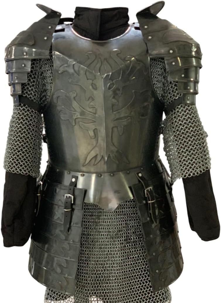 Medieval Knight Darkened Steel Breastplate with Pair of Pauldron-Cuirass Body Armor Perfect for Reenactment, LARP, Cosplay Replica, Fantasy & Halloween Party Armor Costume