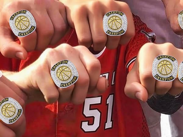 12 Pcs Basketball Championship Rings Basketball Ring Sport Ball Trophy Award Gift with Display Neck Chain and Stand for Tournament or League Champion Winner (6pcs Gold Basketball Rings, Size 10) - 4
