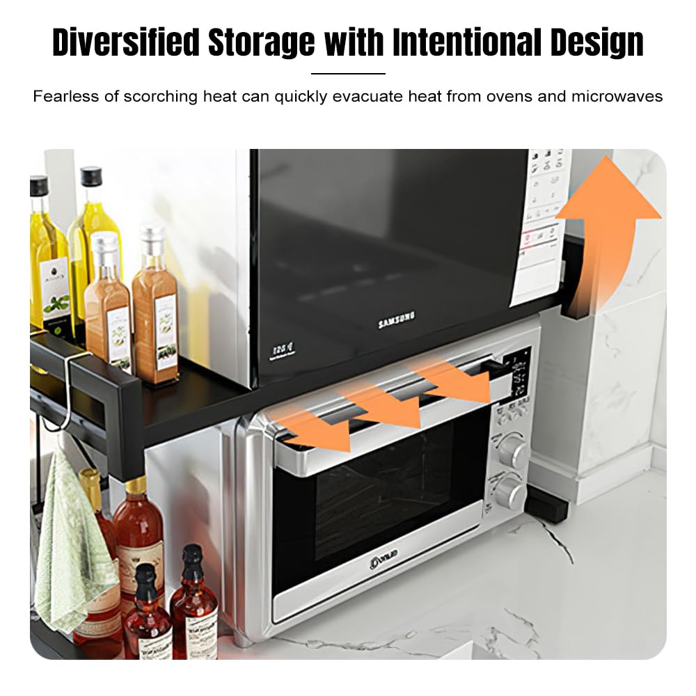 3-Stufig ausziehbares Mikrowellen Regal, Carbonstahl Küchenregal für Arbeitsplatte mit 6 Haken, platzsparendes Organizer für die Arbeitsplatte, ideal für Mikrowelle & Ofen(Schwarz)