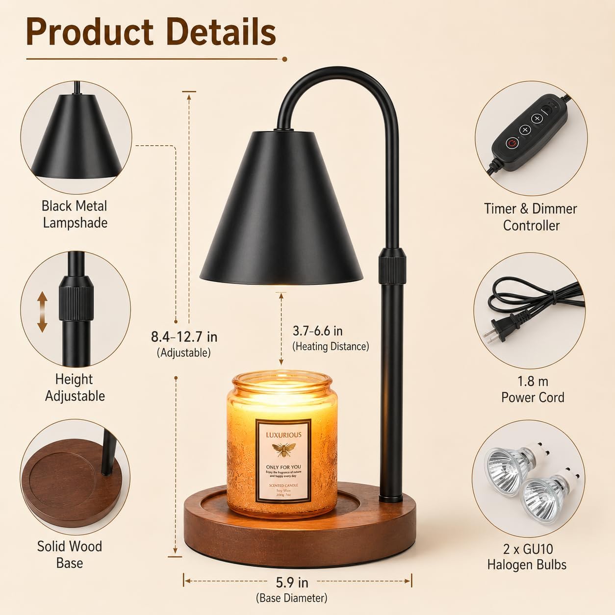 OUTON Candle Warmer Lamp with Timer & Dimmer, Adjustable Height, Black | Smoke-Free Design, 2/4/8H Timer, 4 Brightness Levels, Adjustable 3.7–6.6 In Height, Wooden Base For Bedroom, Home & Gifts