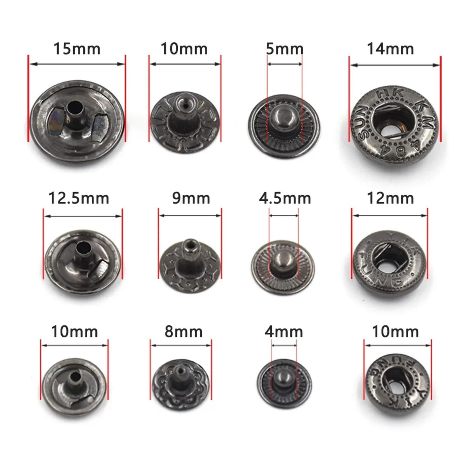 Snap Fasteners Botón Die 51 juegos de botones a presión 10/12,5/15 mm