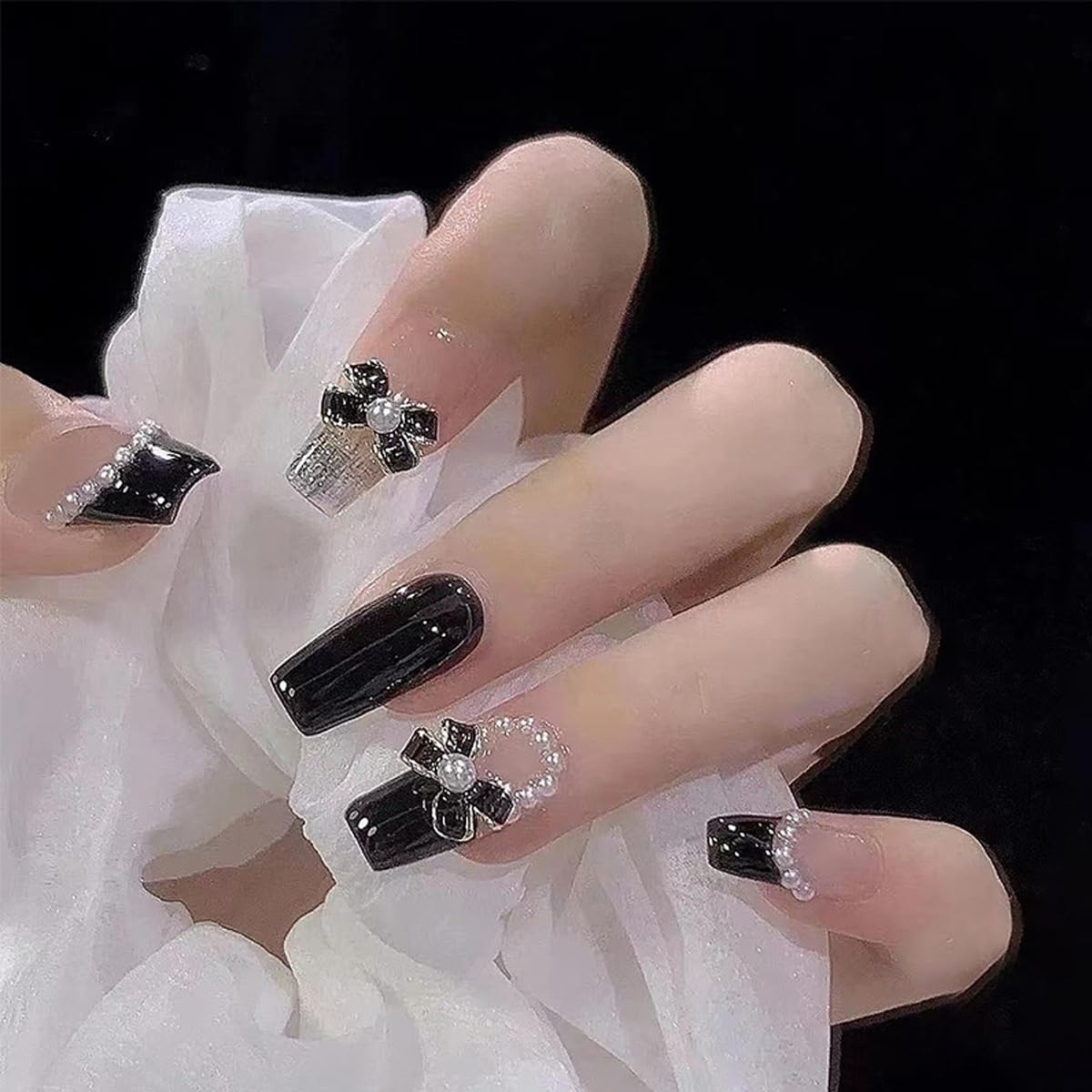 YKZFUI 24Pcs Press on Nails Medium Length Fake Nails with Black Bow Pearl Designs,Artificial Acrylic Full Cover Reusable Coffin False Nails, Women