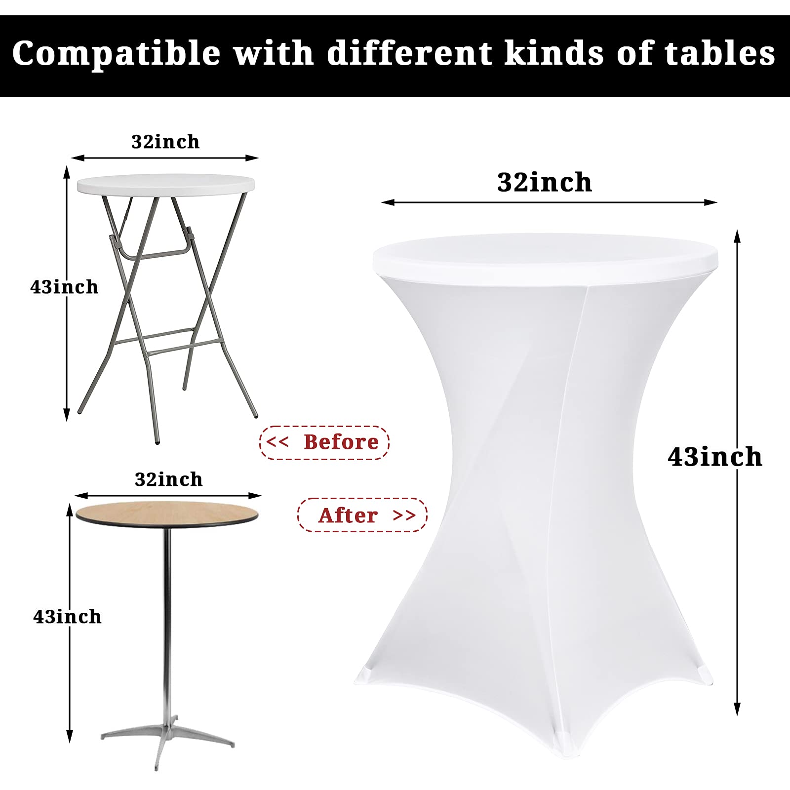 10Pcs tovaglie da cocktail elasticizzate ad angoli quadrati in spandex 80x 110cm tavolo alto bianco attrezzato, tovaglia rotonda da cocktail per banchetti da cocktail per matrimoni da bar (bianco)