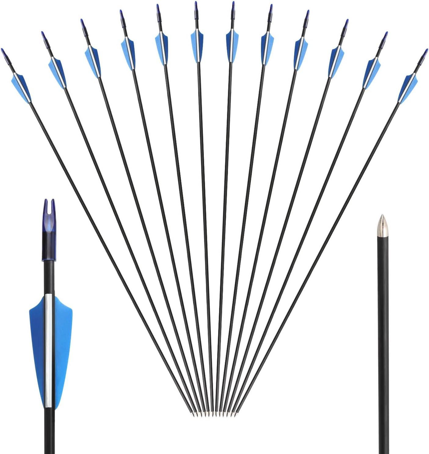 12 Pcs 30 inch Archery Carbon Arrows Spine Fiberglass Practice Targeting Arrows Removable Nock Hunting Arrows Kit for Youth Beginner Recurve Bow