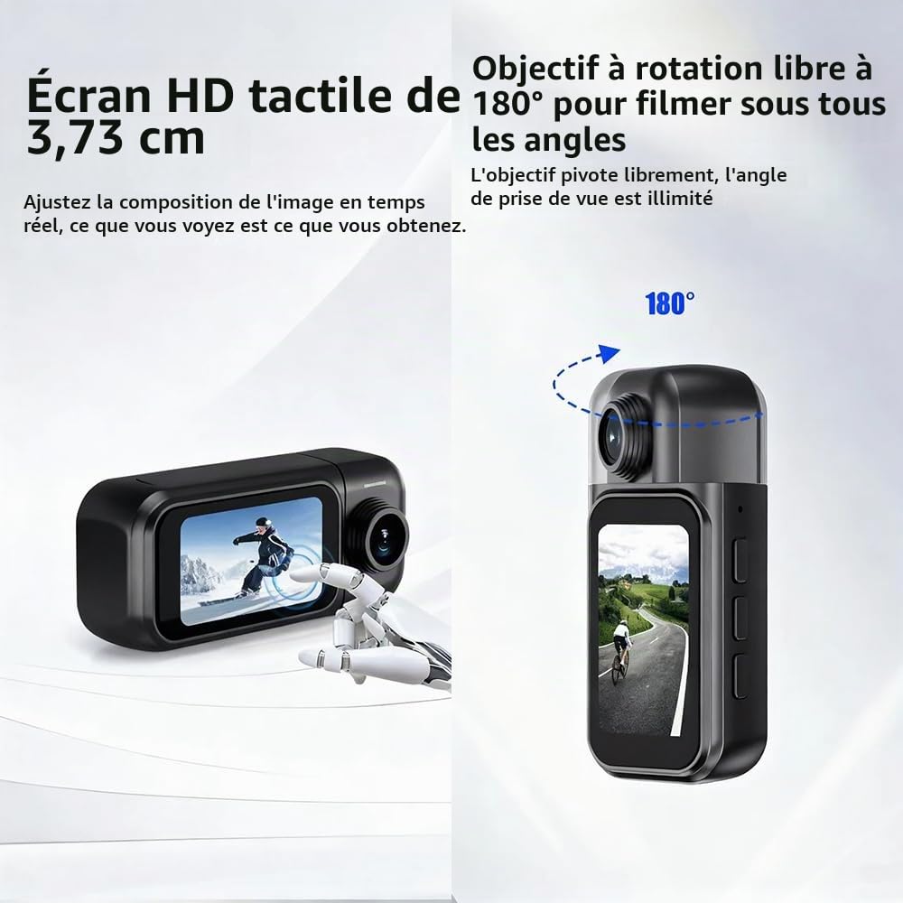 Caméra Sport 4K WiFi Objectif Rotatif 180° Mini Caméra de Poche avec Écran Tactile 1,47" & Boîtier de Charge Action Cam Portable Étanche Aimanté Mains Libres Camera Vlog POV pour Moto Casque,Velo