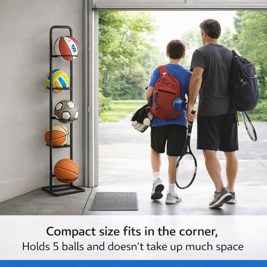 Soporte para Balones – Estante Vertical Universal de 5 Niveles en Acero al Carbono para Baloncesto, Fútbol, Rugby y Voleibol – Altura 144 cm, Negro