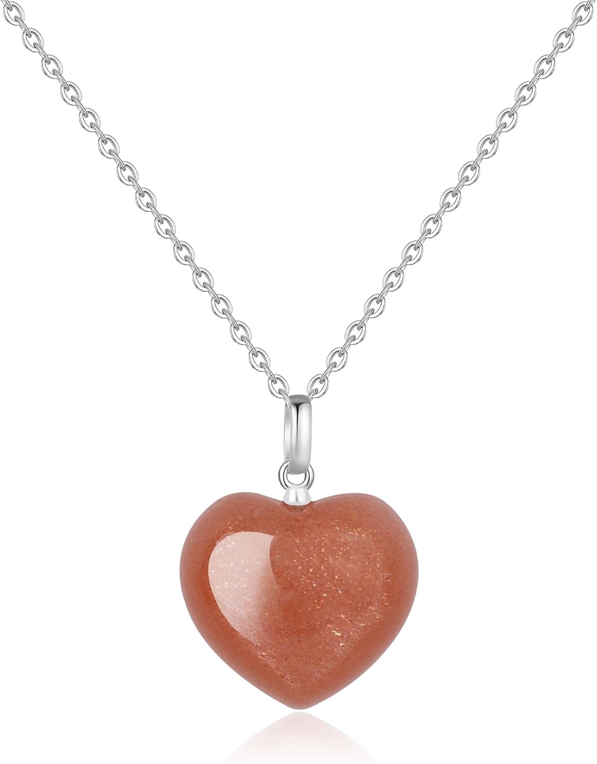 COAI Women's 925 Sterling Silver Necklace, Sunstone Crystal Pendant Heart Necklace for Women
