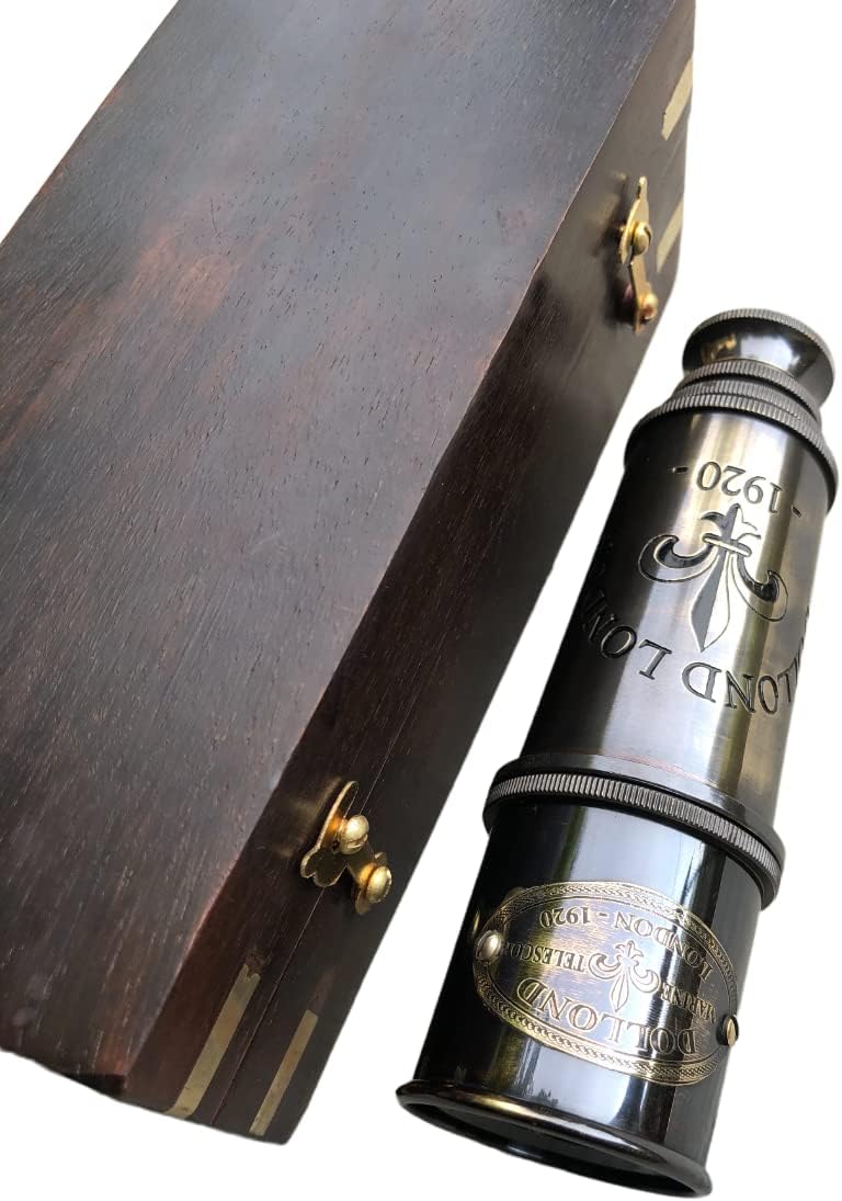1920 Dollond London Brass Antique Maritime Vintage Pirate Spyglass Telescope- Functional Brass & Clear Vision Pirate Telescope with Wooden Case - Wonderful Gift for Nautical Décor Lovers
